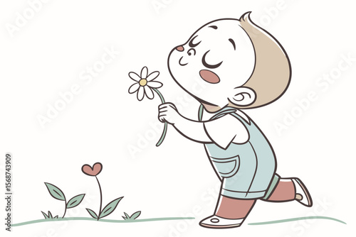 Vector cute Baby Boy cartoon character, with a sweet, innocent expression and rosy cheeks, wearing a light blue romper and holding a small flower, in a gentle, endearing style, isolated on white backg