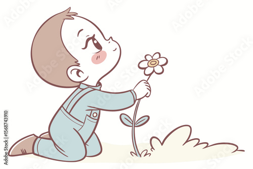 Vector cute Baby Boy cartoon character, with a sweet, innocent expression and rosy cheeks, wearing a light blue romper and holding a small flower, in a gentle, endearing style, isolated on white backg