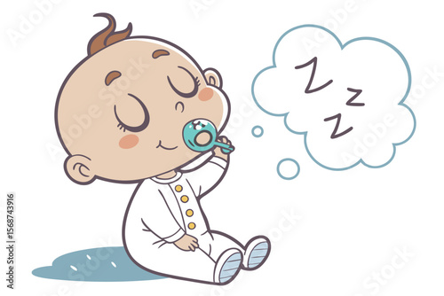 Vector cute Baby Boy cartoon character, with a sweet sigh and contented smile, wearing a soft white onesie and holding a pacifier, in a calm, serene style, isolated on white background