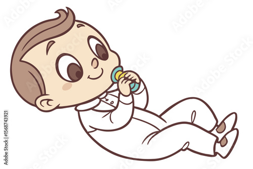 Vector cute Baby Boy cartoon character, with a sweet sigh and contented smile, wearing a soft white onesie and holding a pacifier, in a calm, serene style, isolated on white background