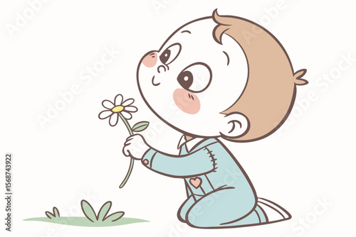 Vector cute Baby Boy cartoon character, with a sweet, innocent expression and rosy cheeks, wearing a light blue romper and holding a small flower, in a gentle, endearing style, isolated on white backg