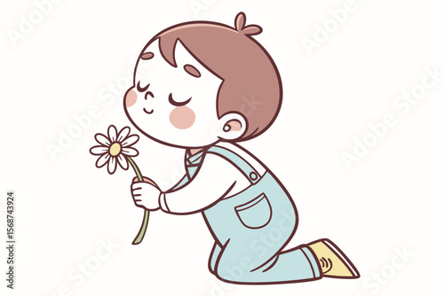 Vector cute Baby Boy cartoon character, with a sweet, innocent expression and rosy cheeks, wearing a light blue romper and holding a small flower, in a gentle, endearing style, isolated on white backg