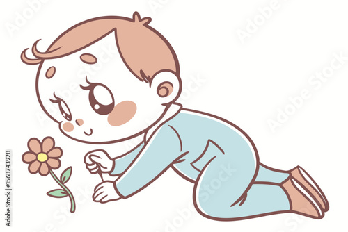 Vector cute Baby Boy cartoon character, with a sweet, innocent expression and rosy cheeks, wearing a light blue romper and holding a small flower, in a gentle, endearing style, isolated on white backg