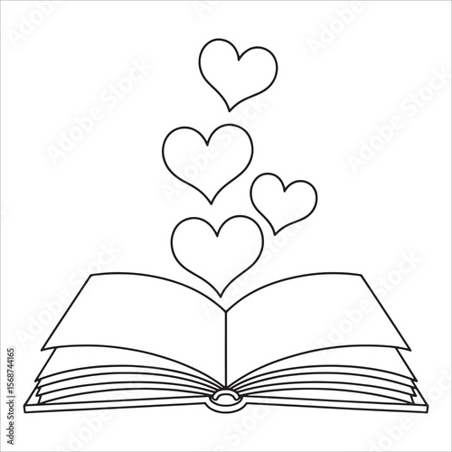 Open Book with Hearts Illustration, Romance and Learning Concept, Black and White Minimalist Design, Promoting Passion for Reading