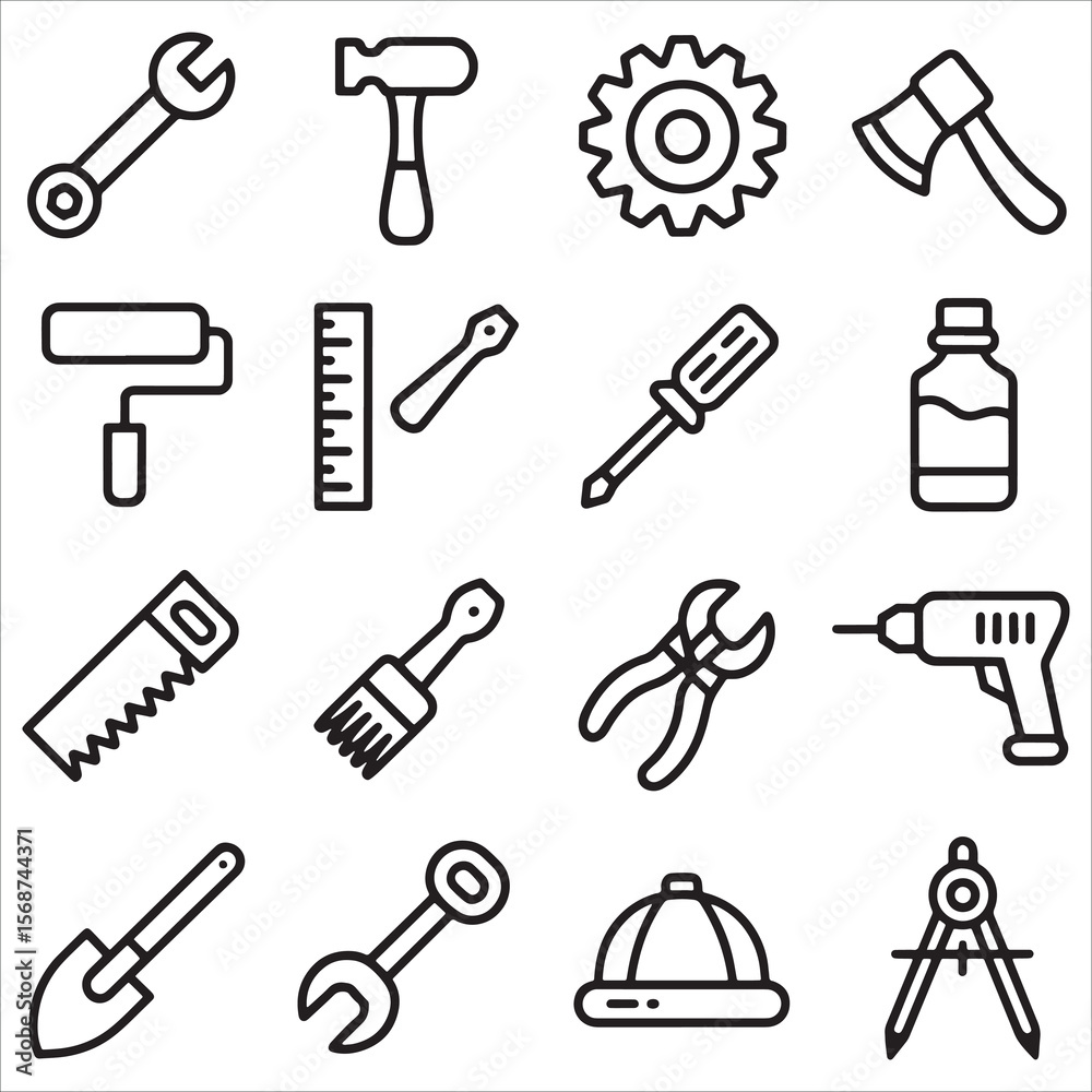 Assorted Tool Icons Representing Construction Repair and Building including Wrench Hammer Saw Compass and Drill Tools for Repairing and Building Assorted Tool Icons Representing Construction Repair and Building including Wrench Hammer Saw Compass and Drill Tools for Repairing and Building