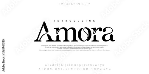Font Amora. Elegant Font Uppercase Lowercase And Number. Classic Lettering Minimal Fashion Designs. Typography modern serif fonts regular decorative vintage concept. vector illustration