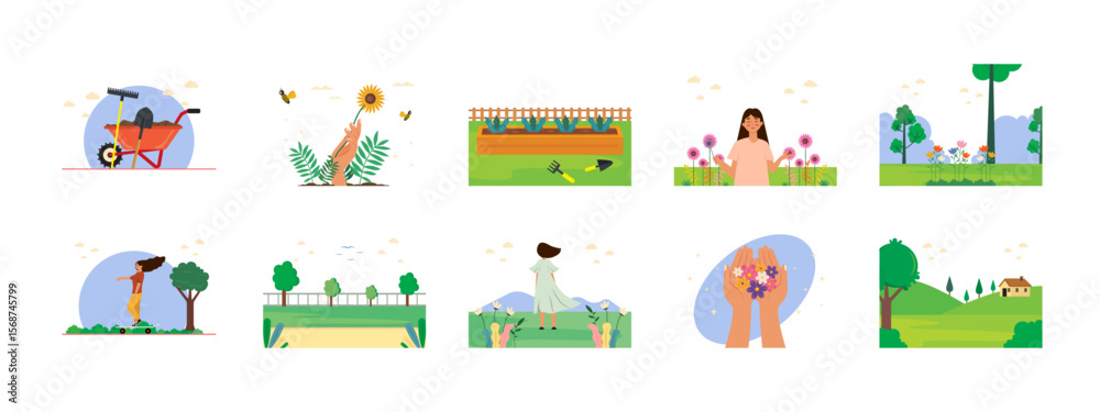 Obraz premium Spring illustrations set. Flat vector illustration concept.