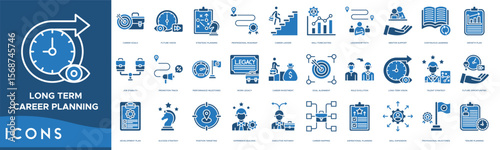 Long-Term Career Planning Icon set. Career Goals, Future Vision, Strategic Planning, Professional Roadmap, Career Ladder, Skill Forecasting and Leadership Path