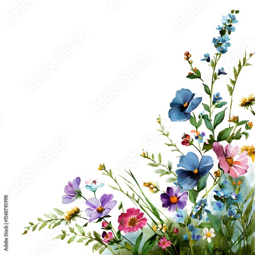 Fototapeta Naklejka Na Ścianę i Meble -  Floral corner, small flowers and wildflowers, watercolor, white background