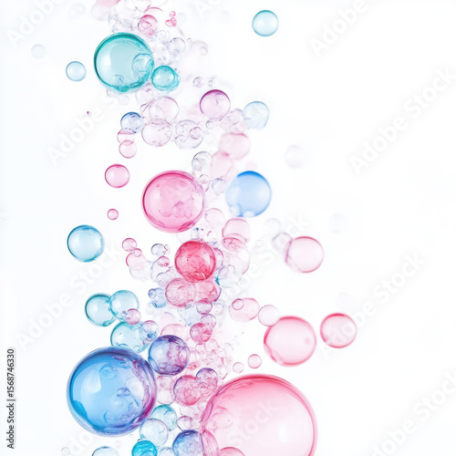 Colorful transparent bubbles floating in clear liquid on white background, abstract design with light reflections and soft gradients