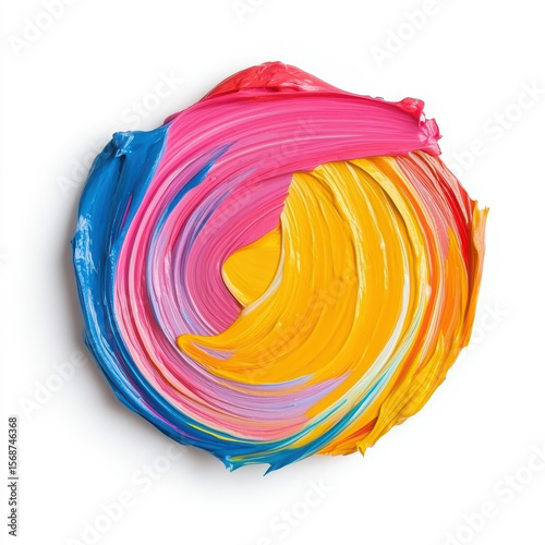 Vivid swirl of colorful paint strokes in circular motion, bright blue, pink, yellow, and red acrylic texture on white background