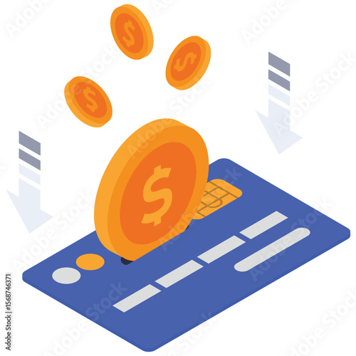 Money Transfer Isometric. Vector illustration of Coins transferring from a credit card to a bank building indicating financial transactions. Isolated on background