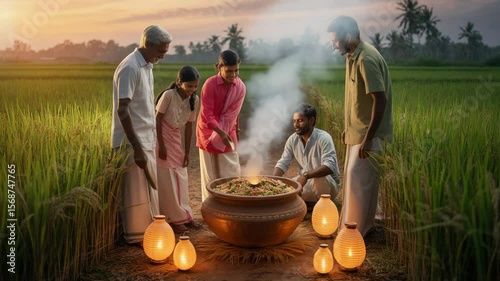 Pongal Celebration in a Rice Field at Sunset