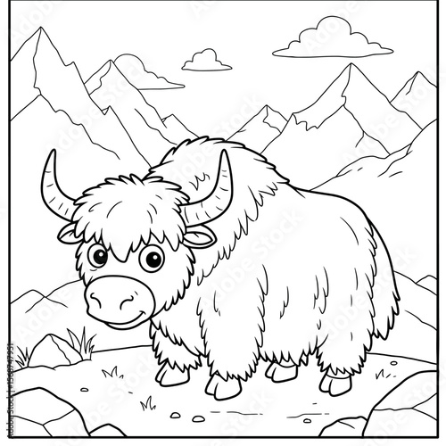 A cartoon yak with large eyes and curved horns stands on rocky ground, with mountains and clouds in the background.