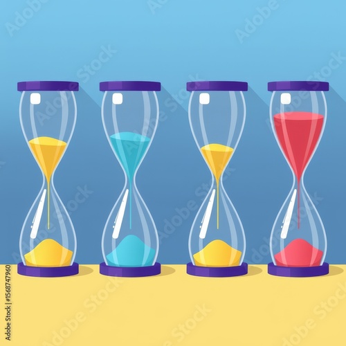 Four colorful hourglasses with yellow blue and red sand on a yellow surface and blue background