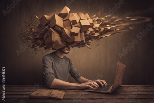 A man sits at a table working on a laptop with a complex, abstract headpiece.
