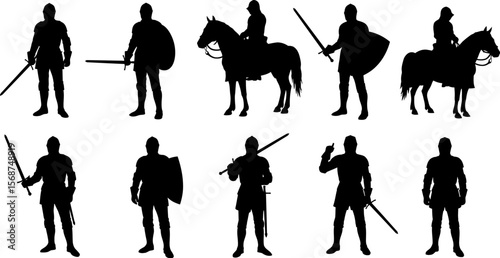 Black silhouette vector of medieval knights with swords and shields on horses for historical designs
