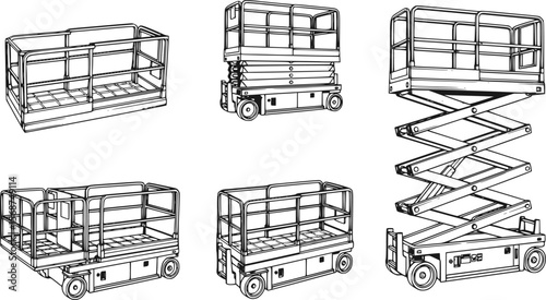 Set of Scissors lift platform, isolated on white background. vector