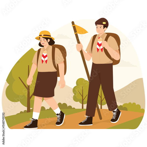 Scout Activity Illustration. Vector illustration of Two scouts hiking with backpacks and flags along a trail in a forest. Isolated on background