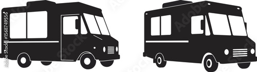 Vector illustration of black and white food trucks for restaurant and catering business use cases
