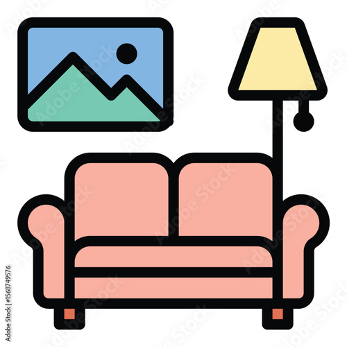Interior design icon flat line style illustration representing space planning and aesthetic enhancement, suitable for home decor, architectural projects, and creative design presentations