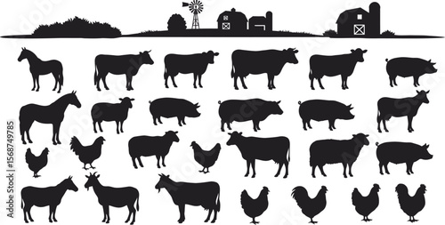Farm animal silhouettes vector set for agriculture design and rural landscape illustration use