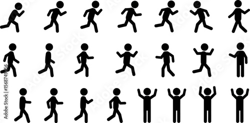 Stick figure animation sequence vector illustration of running walking and cheering people