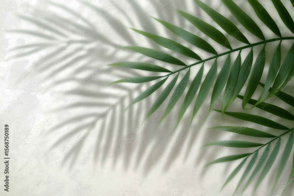 Fototapeta premium Palm leaf on white wall background. Faded shadow of a palm leaf on a white background.