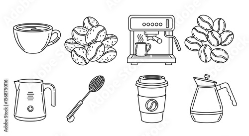 Outlined vector drawing displaying various types of coffee and preparation equipment items in a group