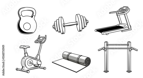 Assorted fitness equipment including kettlebell dumbbell treadmill and stationary bike workout gear tools
