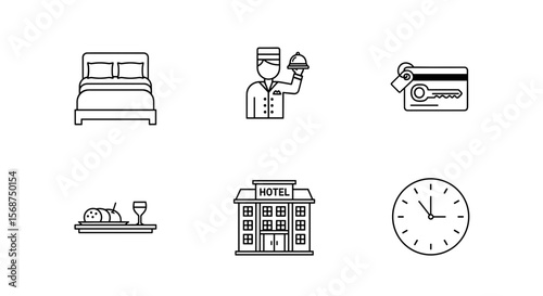 Various hotel related icons including bed, bellhop, card key, food, building and clock are shown