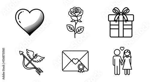 Collection of valentine's day themed line art icons featuring love, roses, gifts, and couples