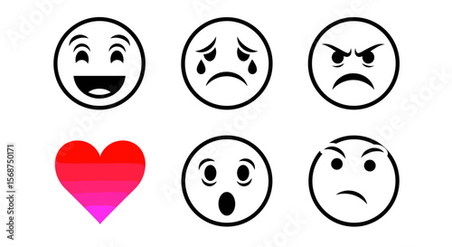 Collection of six emotional faces and a heart shape with gradient affection expression art