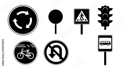 Collection of seven road signs depicting various traffic regulations and pedestrian crossing zones shown here