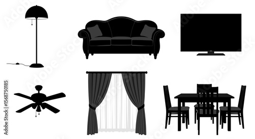 Furniture arrangement showcasing a sofa, television, dining set, and window with curtains indoors