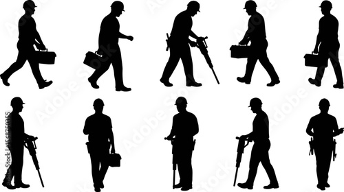 Silhouette construction worker vector set, construction worker carrying toolbox, construction worker jackhammer