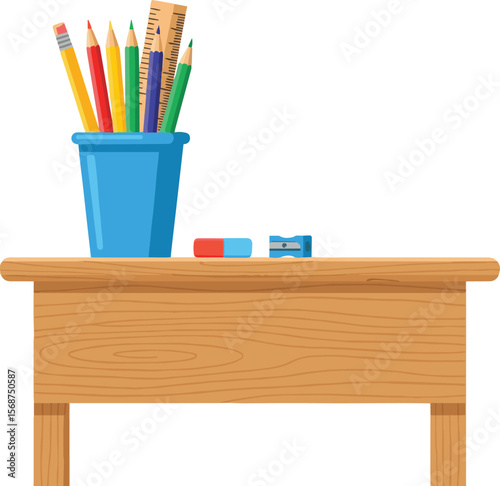 Back to School Essentials: A wooden desk adorned with colorful pencils, rulers, an eraser, and a sharpener, embodying the spirit of learning and creativity in a classroom setting.