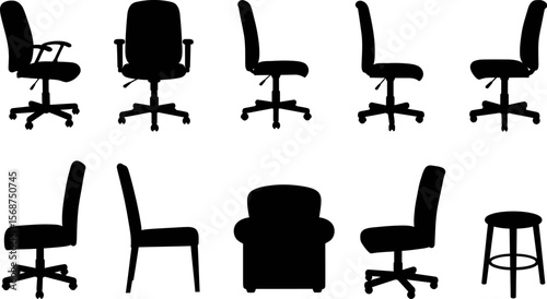 Black chair silhouette vector set, office chair illustration, furniture design elements, seat graphics