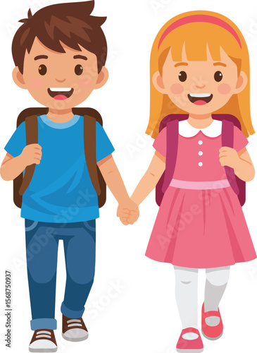 Happy School Day: Adorable children walking hand-in-hand, a joyful depiction of youthful camaraderie and the anticipation of learning and growth.