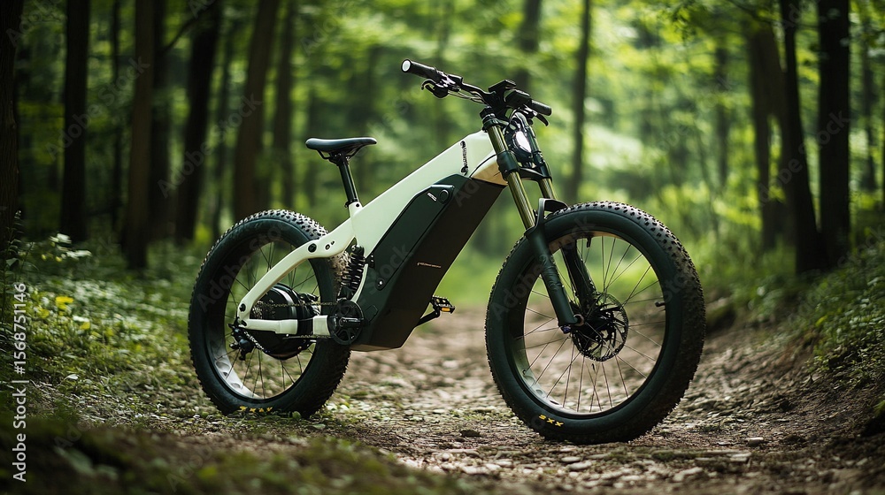 Fototapeta premium Electric Mountain Bike in Lush Forest Environment for Outdoor Adventure