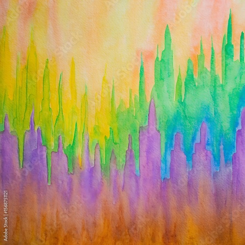 Colorful cityscape depiction in watercolor.