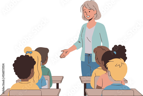 Classroom Dynamics: A friendly teacher engages with a diverse group of attentive students, creating a warm and inviting atmosphere conducive to learning.