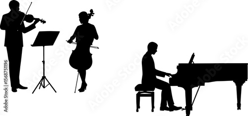 Silhouette of classical music ensemble performing with violin cello and piano concert orchestra