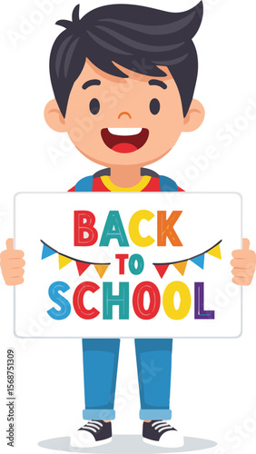 "Eager Return: A youthful figure joyfully displays a sign heralding the return to the academic year, symbolizing a time of knowledge and camaraderie"