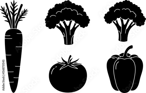 Black and white vector illustration of fresh vegetables carrot broccoli tomato and pepper design