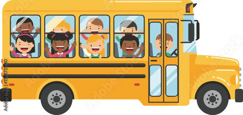 School Bus Joyride: A cheerful yellow school bus brimming with diverse, happy children embarking on a joyful journey to school.