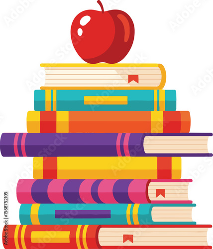 A Stack of knowledge: A vibrant illustration showcases a neatly piled stack of colorful books, each a gateway to stories and knowledge. Topping the pile.