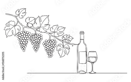 Wine Bottle and Grapes one continuous line drawing vector illustration

