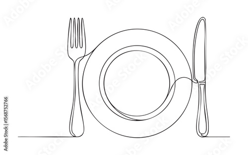 Dinner Plate Fork Knife one continuous line drawing vector illustration

