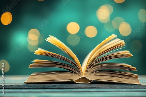 Open book with glowing bokeh lights creating a magical ambiance